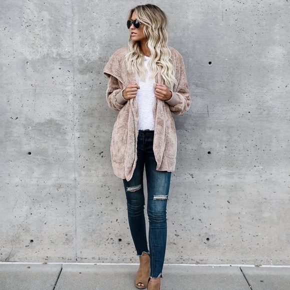 Tan Super Soft Cozy Pocket Hood Sherpa Lightweight Fleece Teddy Cardigan Coat - Picture 10 of 11